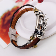 Load image into Gallery viewer, Tibetan Dragon Silver Unisex Leather Bracelet